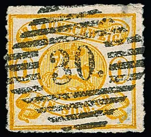 1 Sgr. jaune ocre, bon trait de coupe, pièce de cabinet avec NS "30" (Langelsheim) très bien centré et meilleur, signé Bühler et expertise photo Lange. Mi. 380,-