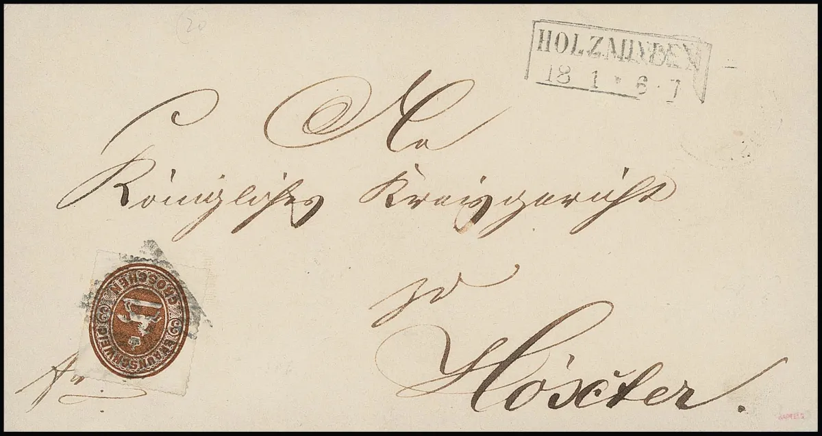 "24" avec Ra2 "Holzminden" sur lettre au blason 3 Gr. brun ocre (légères traces de nettoyage) pour Höxter, probablement du 18.1.1865. Le cachet numéral de…