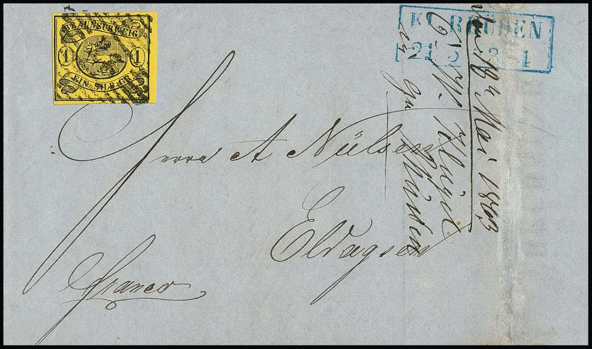 "27" in black with blue Ra2 "Klein-Rhüden" on letter (fold repaired outside right) with flawless 1 Sgr. to Eldagsen