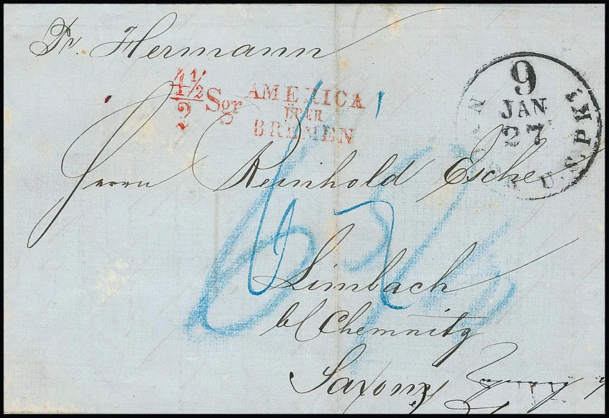 1855, "4 1/2 / 2 Sgr. AMERICA ÜBER BREMEN", cachet de taxe rouge sur lettre bleue de New York (27.1.55) vers la Saxe, transportée par le vapeur "Hermann" de l'Ocean Linie…