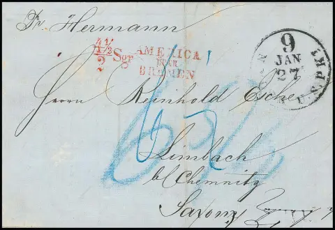 1855, "4 1/2 / 2 Sgr. AMERICA ÜBER BREMEN", červené taxovní razítko na modrém dopise z New Yorku (27.1.55) do Saska, přepraveno parníkem "Hermann" Ocean Linie…