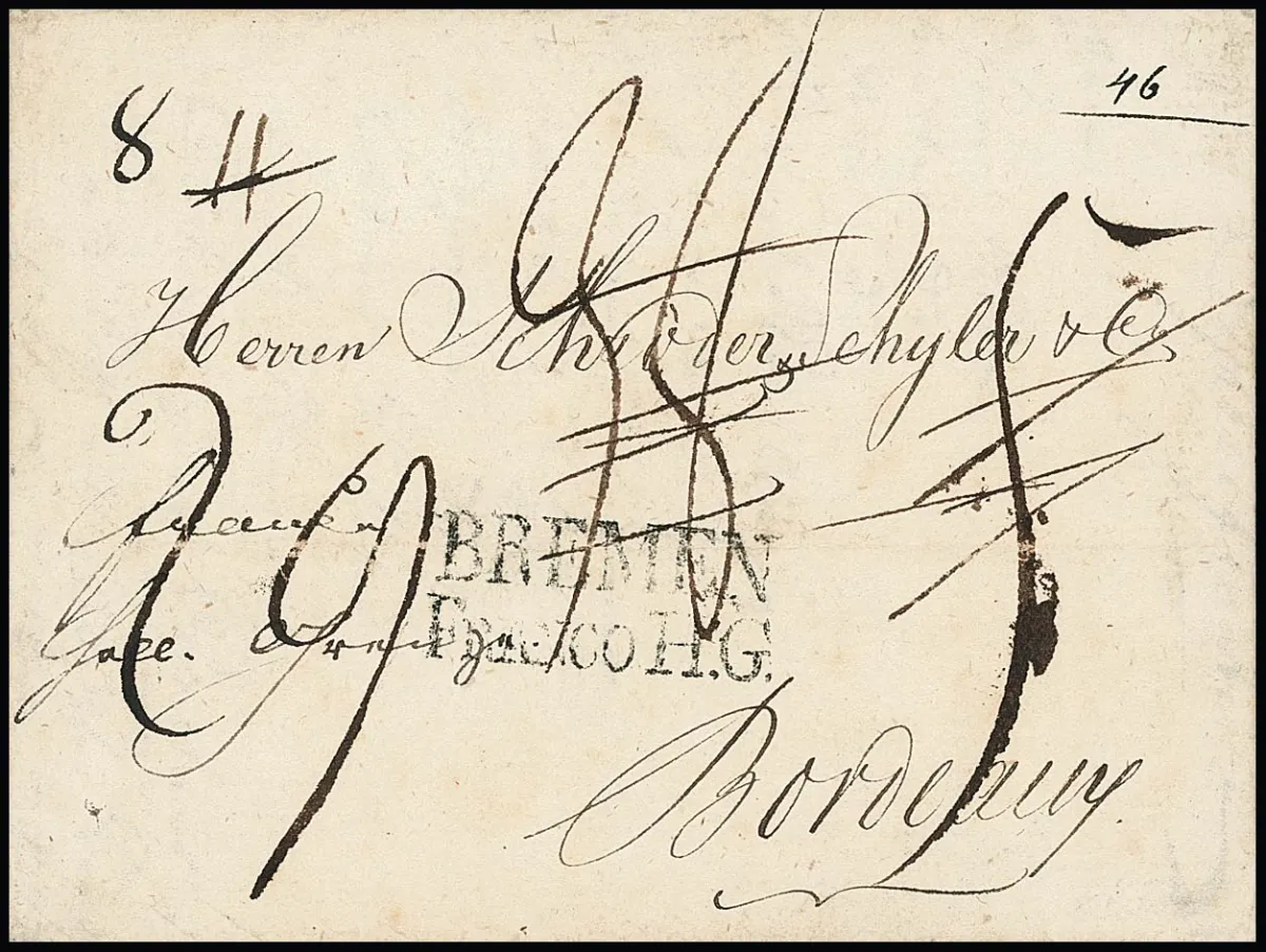 "Bremen Franco H.G.", 1814, rare clear L2 on cabinet letter from Flensburg to Bordeaux, Hb. 1200,-