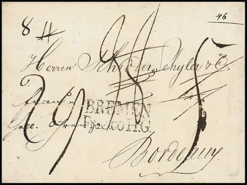"Bremen Franco H.G.", 1814, vzácný jasný L2 na kabinetním dopise z Flensburgu do Bordeaux, Hb. 1200,-
