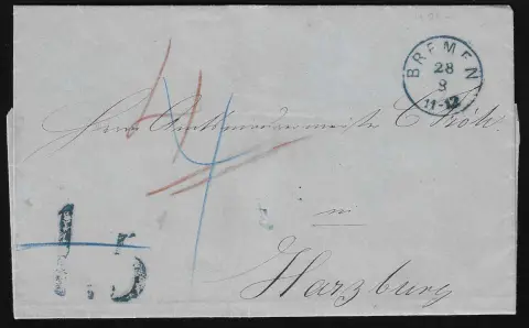 "Bremen" 1860, hannoverský K1 a taxovní razítko "1,5" (změněno na "4" Sgr.) na kabinetním dopise do Harzburgu, foto exp. Berger