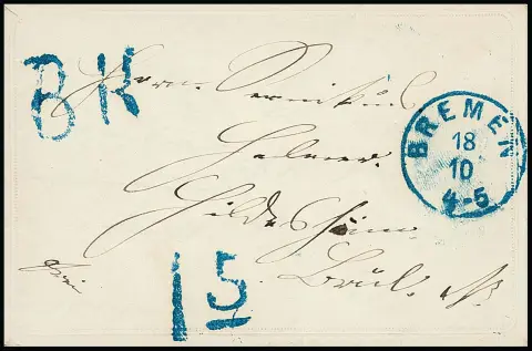 "Bremen", "Bremen Nachts", 1865/66, každý modrý K1 a taxovní razítko "1,5" (ArGe Tax 03) na dvou kabinetních dopisech, jeden ražený ozdobný dopis s modrým L1 "B.K." (ArGe…