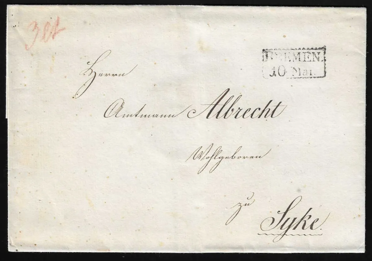 "Bremen", (1835), getande Ra2 op decoratieve briefomslag van de 3e gewichtsklasse naar Sycke, achterzijde zeer fris zegel van het magistraat van de Hanzestad en taxe "2 Ggr. 3 Pfge."