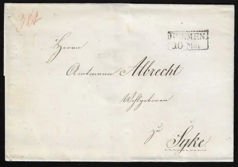 "Bremen", (1835), zoubkovaný Ra2 na dekorativní obálce 3. váhové třídy do Sycke, na zadní straně velmi čerstvá pečeť magistrátu hanzovního města a taxa "2 Ggr. 3 Pfge."