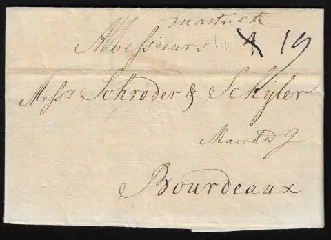 "Bremen", 1744, velmi raný zahraniční dopis do Bordeaux s rukopisnou tranzitní poznámkou "mastricht"