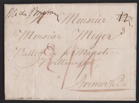"Bremen", 1779, raný dopis s L1 "D' HOLLANDE" do Bordeaux, dále dopis 1773 s raným rukopisným podáním "de Bremen", jakož i různé L1 na dvou dopisech 1788/1802
