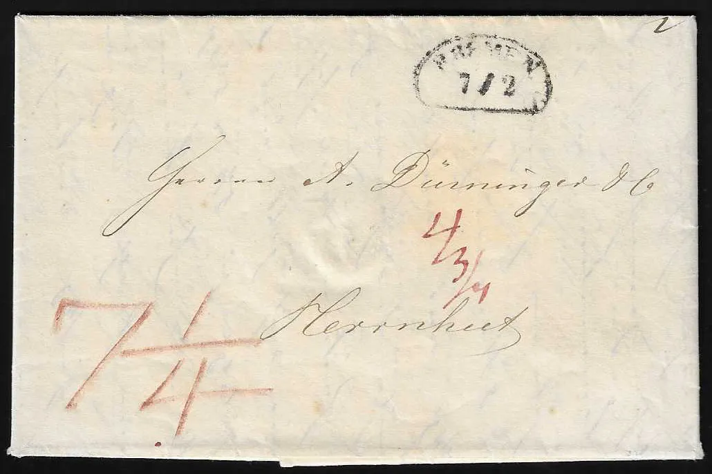 "Bremen", 1846, "ST.P.A. BREMEN", K2 sur lettre étrangère via l'Angleterre pour Baltimore/USA, plus le cachet en forme de rein sur lettre 1863 pour Herrnhut/Saxe