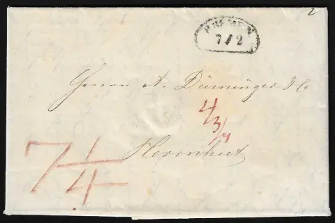 "Bremen", 1846, "ST.P.A. BREMEN", K2 na zahraničním dopise přes Anglii do Baltimore/USA, dále ledvinové razítko na dopise 1863 do Herrnhut/Sasko