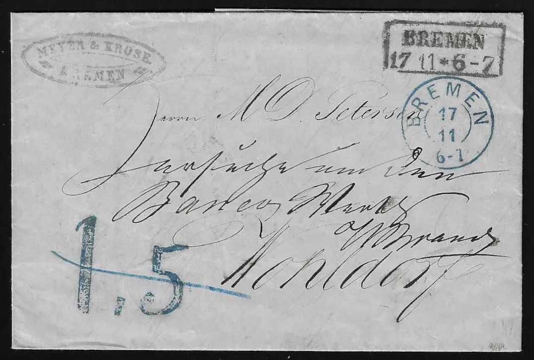 "Bremen", 1860, K2 bleu avec cachet de taxe "1,5" (barré) et Ra2 noir de la poste urbaine "Bremen" sur lettre de cabinet pour Wohldorf, rare lettre de changement de poste