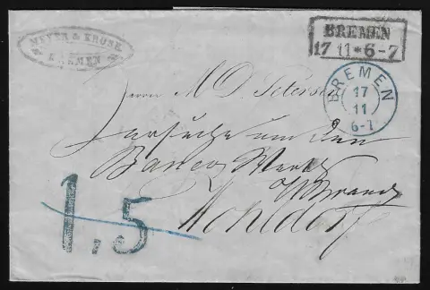 "Bremen", 1860, modrý K2 s taxovým razítkem "1,5" (přeškrtnuto) a černým Ra2 městské pošty "Bremen" na kabinetním dopise do Wohldorfu, vzácný dopis o změně pošty