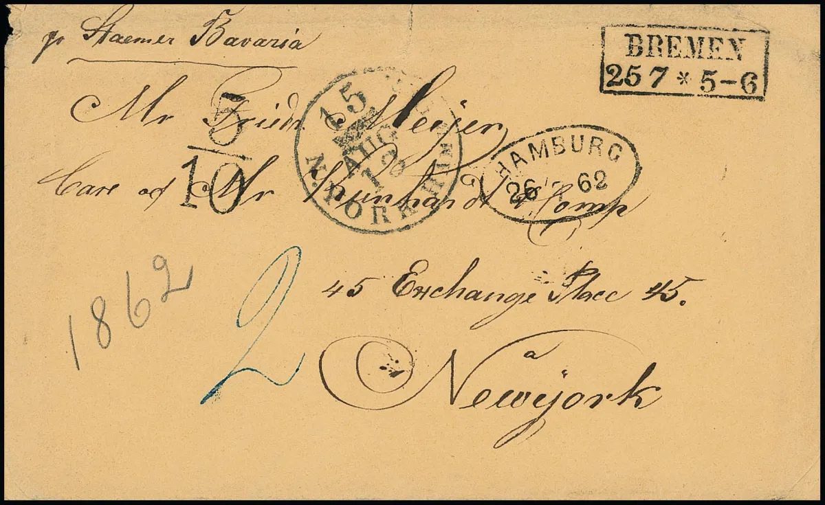 "Bremen", 1862, Ra2 avec cachet ovale "Hamburg" et cachet de taxe "5/10" sur enveloppe brun jaune pour New York