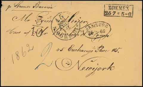 "Bremen", 1862, Ra2 nebst Ovalstempel "Hamburg" und Taxstempel "5/10" auf gelbbraunem Couvert nach New York