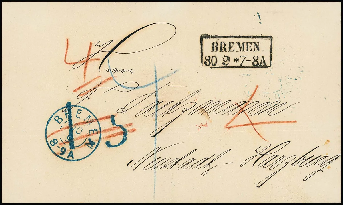 "Bremen", 1864, modrý Hannover K2 s taxovým razítkem "3" (přeškrtnuto) a městskou poštou Ra2 "Bremen" na výběrovém dopise do Harzburgu