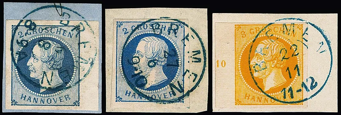 "Bremen", hannoversches Postamt, Stempelstudie auf 17 Hannover-Werten inkl. einer Briefvs., dabei Kabinett-/Luxusbriefstücke mit Randstücken 2 Gr. blau und 3…