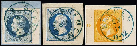 "Bremen", bureau de poste de Hanovre, étude de cachets sur 17 valeurs de Hanovre incl. une lettre, dont pièces de choix/luxe avec bords 2 Gr. bleu et 3 Gr. orange, deux photoexp. Berger