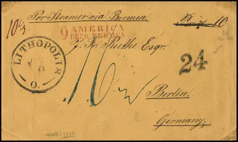 Transit, (1850), L2 rouge "9 America über Bremen" sur enveloppe beige de Lithopolis/USA en port partiel via New York/Bremen pour Berlin, le destinataire devait encore payer "16" Sgr.