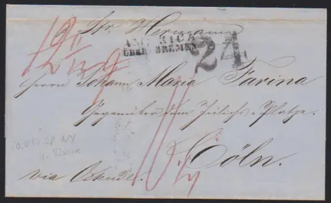 Transit, 1848, L2 noir "America über Bremen" sur lettre de New York à Cöln, traces d'usage