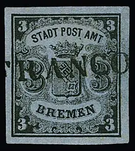 3 Gr. zwart/grijsblauw, gerepareerd maar goed presenterend exemplaar met L1 "Franco", zie foto exp. Heitmann. Mi. 750,-