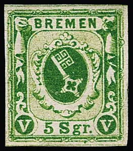 5 Sgr. moosgrün breitrandig ungebraucht mit nicht originaler Gummistruktur, entlang der Randlinie oben rechts und praktisch ausserhalb des Markenbildes…