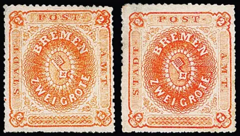5 Gr. oranje en donkeroranje op krijtpapier elk ongebruikt met gebreken, maar optisch goed, juist nr. 5d is zeldzaam ongebruikt (hiervoor certificaat Neumann). Mi. 1200,-