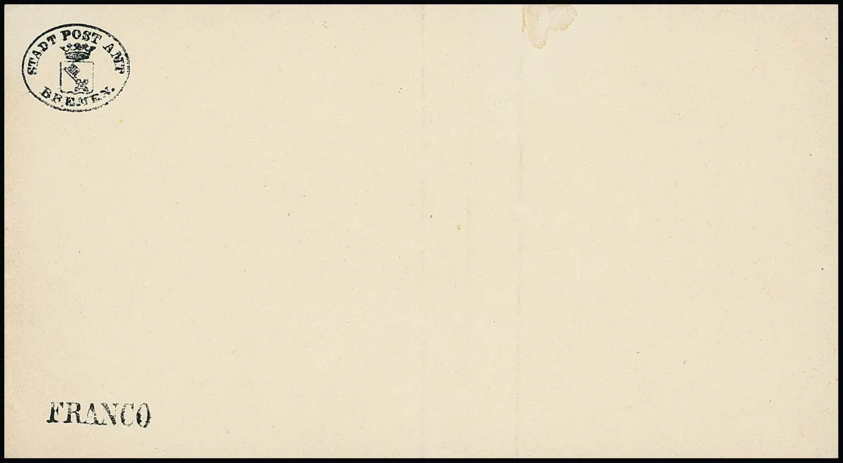 City post postal stationery envelope 1 Gr. black on white paper unused with minor defects (vertical folds, adhesion trace at top). These postal stationeries are truly completely underestimated rarities! Certificate Heitmann. Mi. 750,-