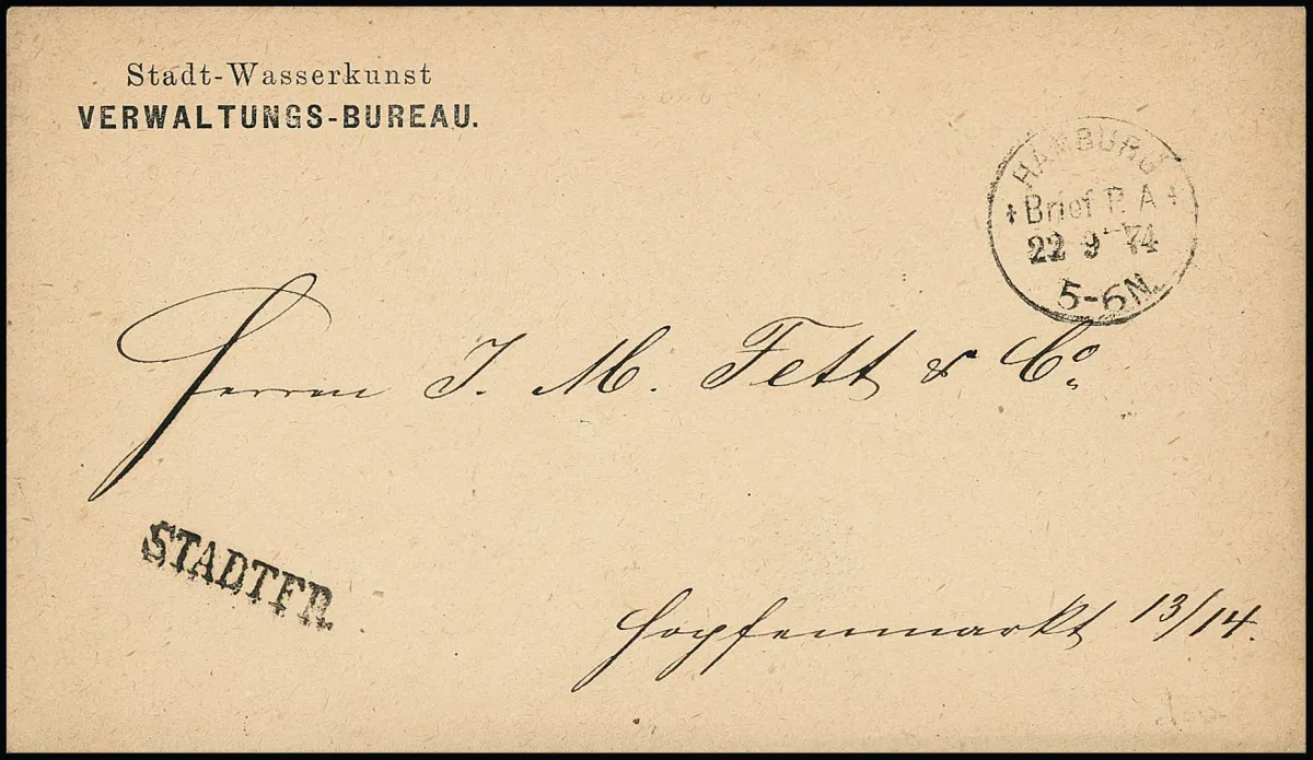 "Hamburg Brief P.A.", K1 v. 22.9.74 und seltener L1 "STADTFR." auf Ortscouvert