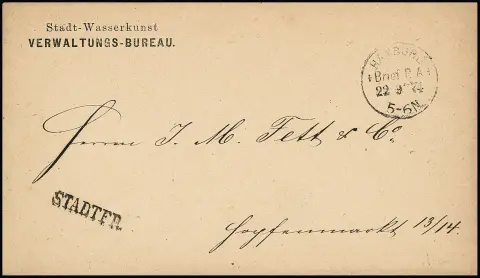 "Hamburg Brief P.A.", K1 du 22.9.74 et rare L1 "STADTFR." sur enveloppe locale
