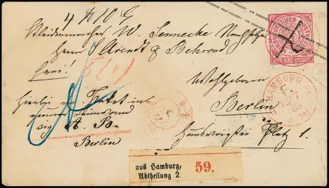 "Hamburg F.N.2", K1 rouge de franchise comme seule oblitération sur entier NDP 1 Gr. rose (état d'usage, petite tache et sceau au verso enlevé), parti comme accompagnement de colis en port partiel
