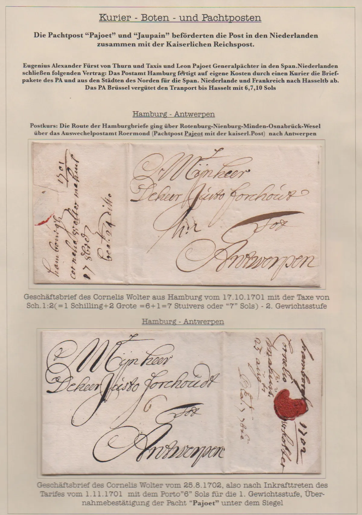 "Hamburg", 1701/1702, deux lettres anciennes avec la poste affermée Payot vers Anvers