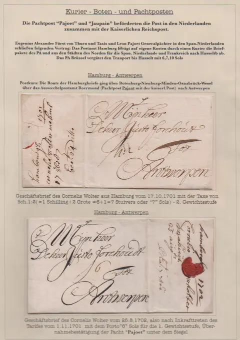 "Hamburg", 1701/1702, deux lettres anciennes avec la poste affermée Payot vers Anvers