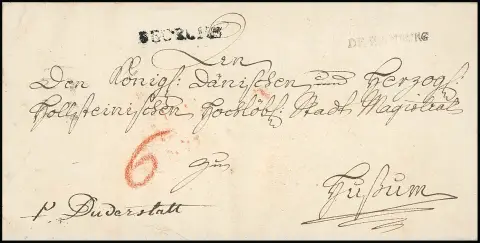 "Hamburg", 1778, rare petit L1 "DE HAMBURG" du bureau de poste danois comme cachet de transit sur lettre (petite déchirure en marge) avec contenu de Carlsruhe (L1 "DE CRUHE") via Hambourg vers Husum. Feuser 1350-2, 1200,-