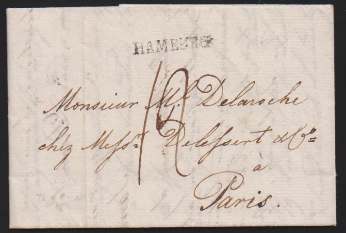"Hamburg", 1778/1801/1803, diverse L1 incl. "HAMBOURG" (op brief uit Flensburg 1778) op drie buitenlandse brieven naar Frankrijk