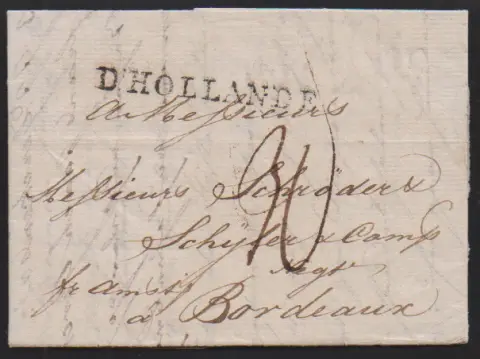 "Hambourg", 1784-1796, divers L1 de la poste impériale sur cinq lettres, notamment vers Cognac et Bordeaux