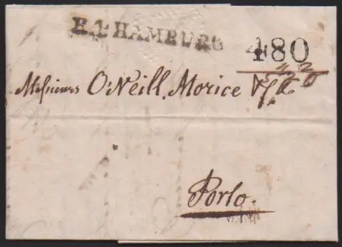 "Hambourg", 1801, L1 "R.4. HAMBOURG" sur lettre ancienne vers Porto/Portugal, avec cachet de taxe "480"