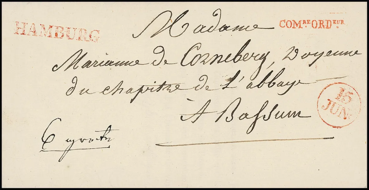 "Hambourg", 1814, 14.6., très rare L1 rouge avec K1 de date et L1 de franchise "COM.RE.ORD.EUR" sur lettre de luxe vers Bassum