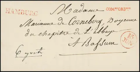 "Hambourg", 1814, 14.6., très rare L1 rouge avec K1 de date et L1 de franchise "COM.RE.ORD.EUR" sur lettre de luxe vers Bassum