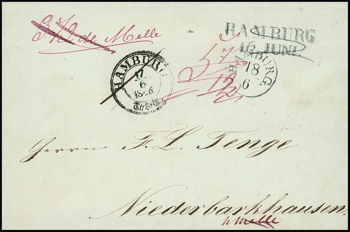 "Hamburg", 1846, hanowerski K1, pruski L2 i Taxis K3 razem na ciekawym liście wymiany pocztowej do Niederbarkhausen (k. Melle), miejsce odbioru znajdowało się…