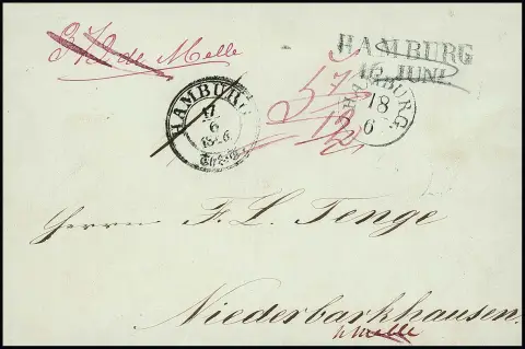 "Hambourg", 1846, K1 hanovrien, L2 prussien et K3 Taxis ensemble sur lettre de changement de poste intéressante vers Niederbarkhausen (près de Melle), le lieu de réception se trouvait…