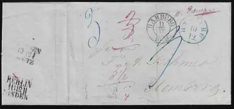 "Hambourg", 1852-1860 (env.), K1 ou K2 bleu avec K2 prussien "Hamburg" et K1 Taxis "Hamburg Th. & T." sur trois lettres de changement de poste intéressantes