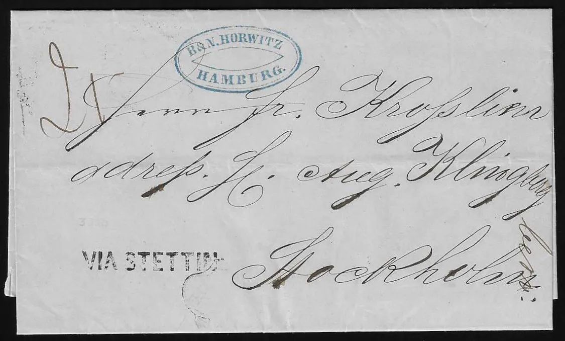 "Hamburg", 1856, cachet K2 noir au verso du bureau de poste suédois, au recto seulement L1 "Via Stettin", sur lettre pour Stockholm, avec une deuxième lettre avec K2 suédois au verso de Hambourg…
