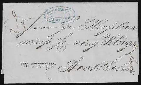 "Hamburg", 1856, cachet K2 noir au verso du bureau de poste suédois, au recto seulement L1 "Via Stettin", sur lettre pour Stockholm, avec une deuxième lettre avec K2 suédois au verso de Hambourg…
