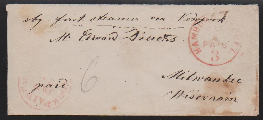 "Hamburg", 1859-1868, six overseas letters to the USA: 1859 with butterfly cancel to New York, 1859 to Philadelphia, 1866 with blue city post K2 via…