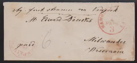 "Hamburg", 1859-1868, six lettres d'outre-mer pour les États-Unis : 1859 avec cachet papillon pour New York, 1859 pour Philadelphie, 1866 avec K2 bleu de la poste urbaine via…