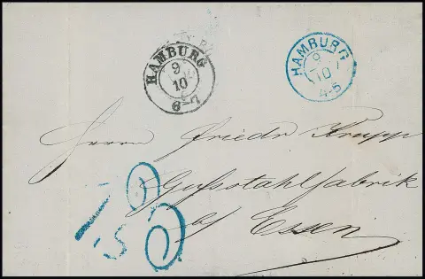 "Hamburg", 1863, K2 bleu avec K2 prussien noir ainsi que cachet de taxe hanovrien "1,5" et cachet de taxe prussien "3" sur lettre (plis) à Friedrich Krupp à Essen…