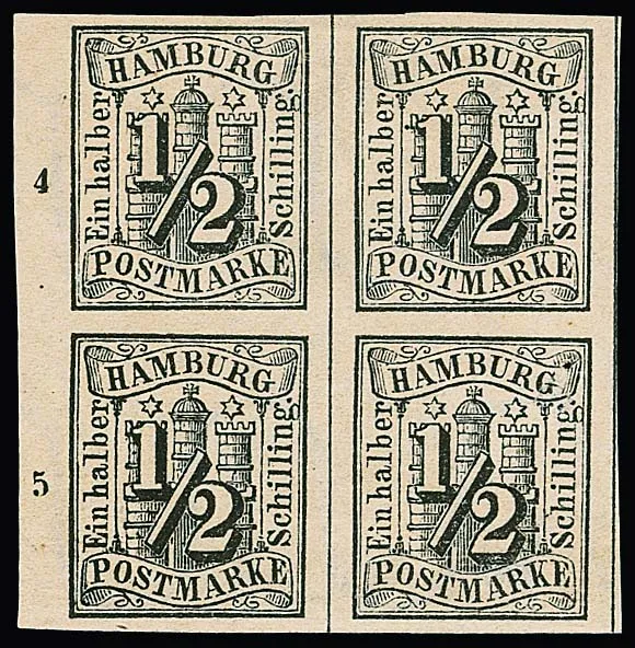1/2 Sch. schwarz, breitrandiger ungebrauchter Viererblock vom linken Bogenrand mit Reihenzahlen "4" und "5". Unteres Paar ein Wert kleine Pore bzw.…