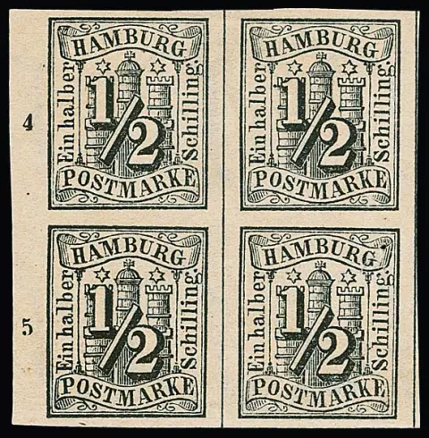 1/2 Sch. noir, bloc de quatre non oblitéré à grandes marges du bord gauche de la feuille avec numéros de rangée "4" et "5". Paire inférieure : une valeur avec petit pore ou trace de pli le long du bord
