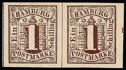 1 Sch. brun, paire de luxe non oblitérée à très grandes marges du bord droit de la feuille avec partie du numéro de rangée, Mi. 600,- +
